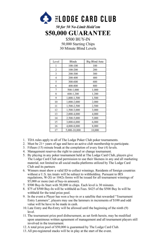 50 For 50 No Limit Hold'em ($50K GTD) - The Lodge Card Club