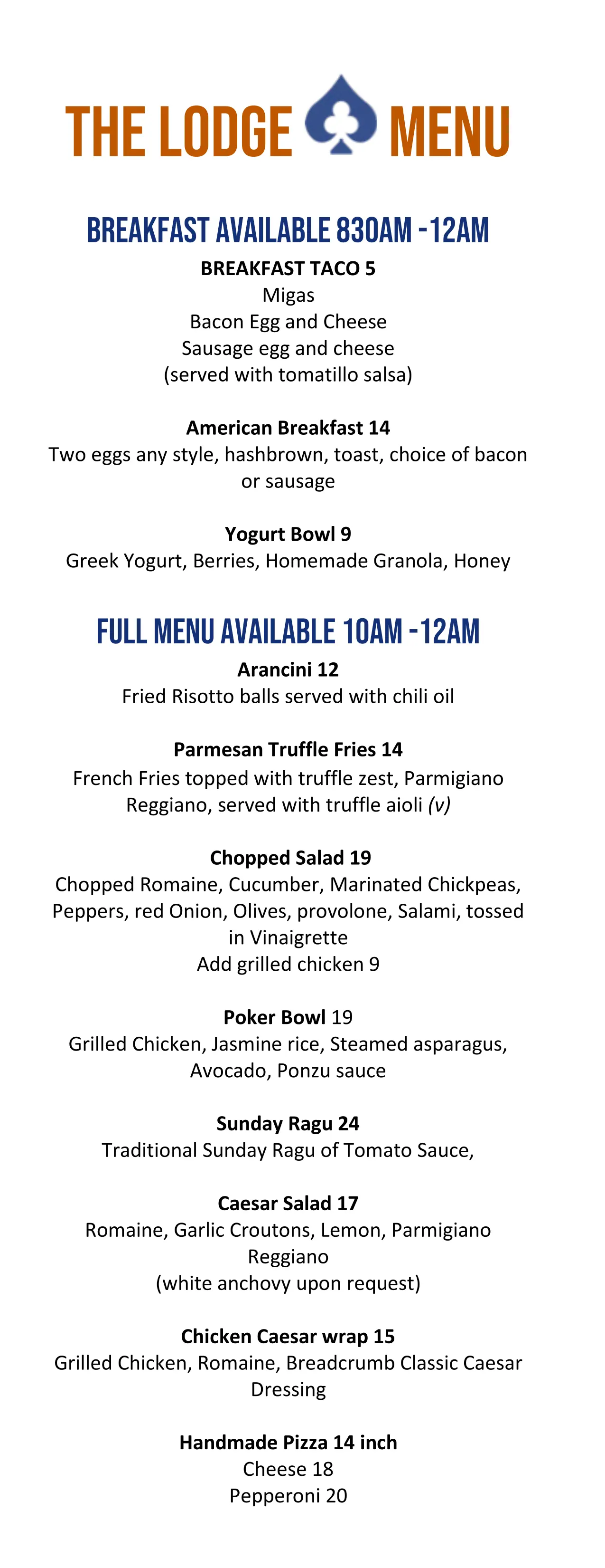 Lodge Food Menu